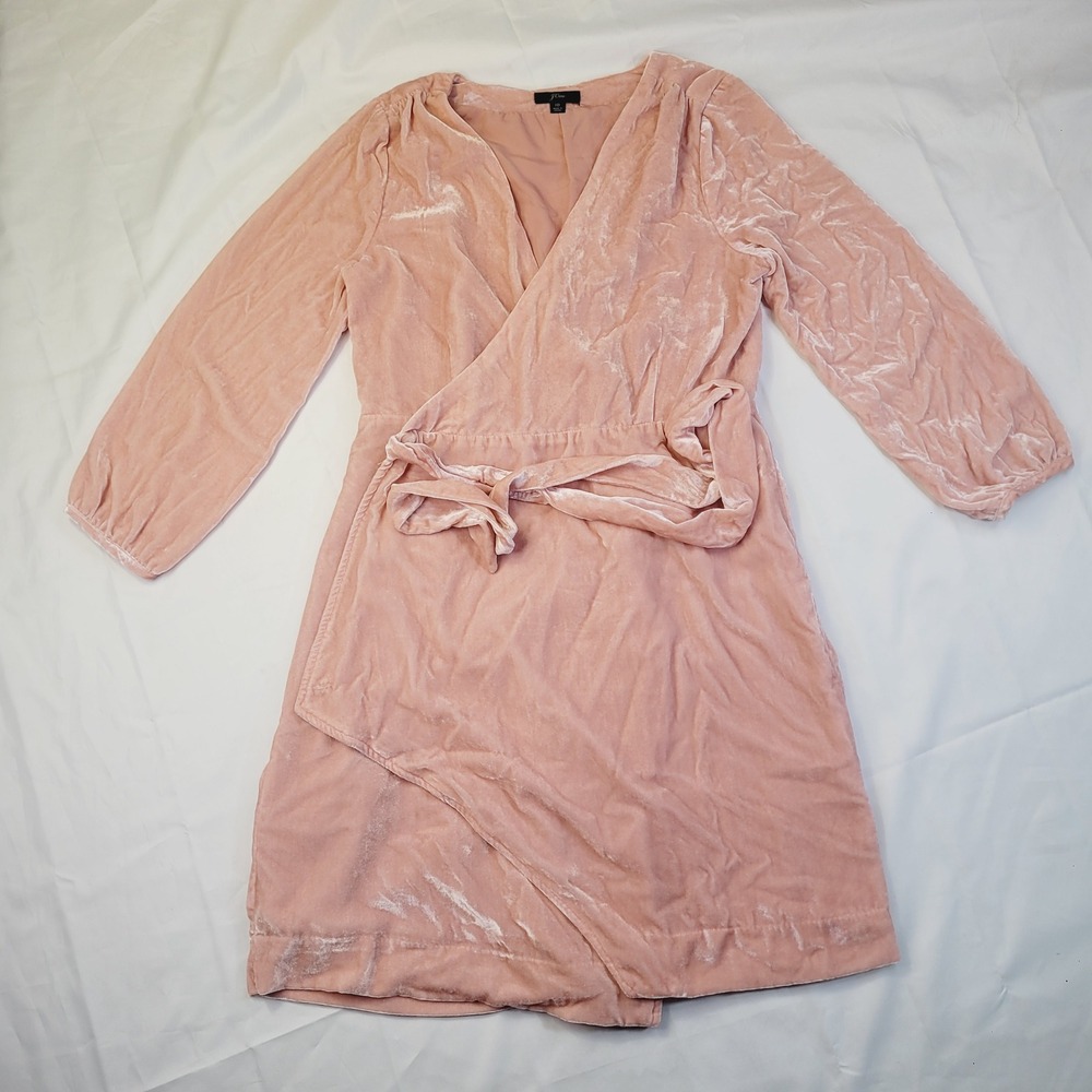J.Crew Women's Velvet Wrap Dress 10 Pink Long Sleeve V-Neck Mini Tie Waist G83